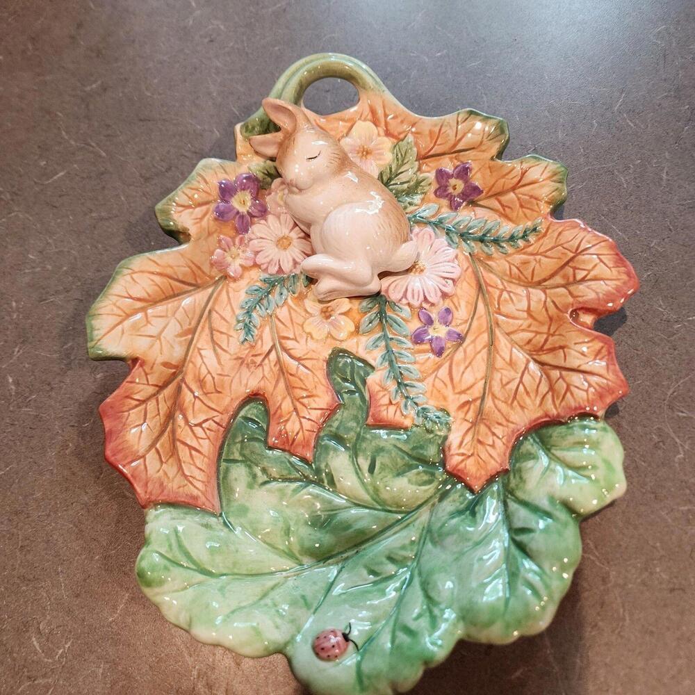 Fitz and Floyd Woodland spring bunny rabbit sleeping leap shape candy dish